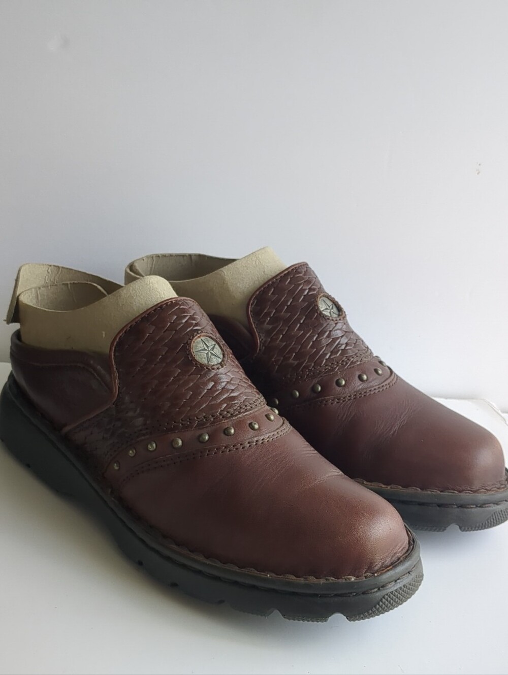 Women’s Double H Boots Brown Leather Slip-On Mules Clogs Western Stud Detail